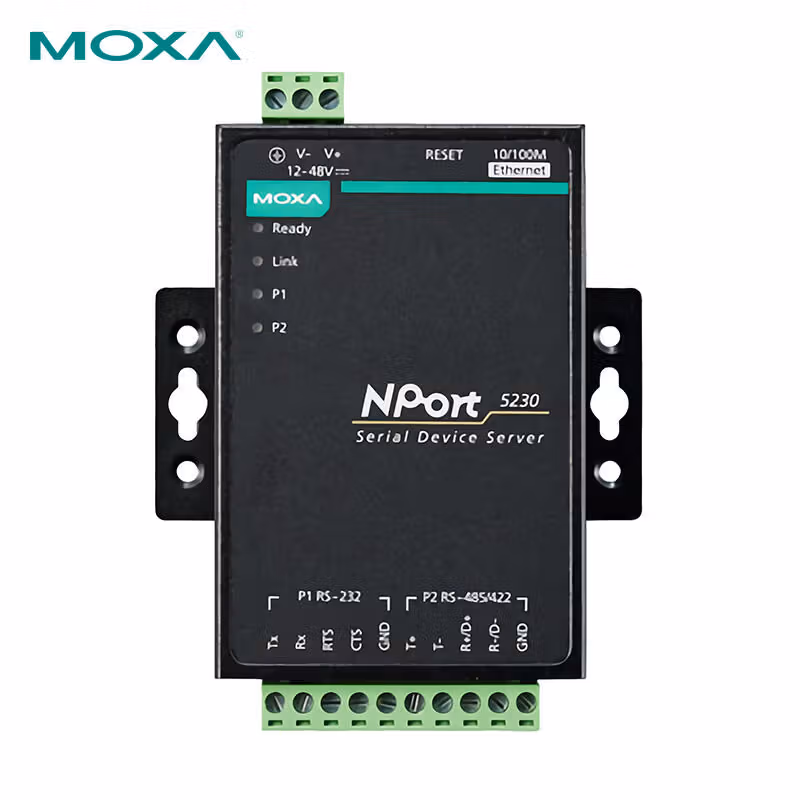NPort 5230 | 摩莎(MOXA) 2口串口设备联网服务器,1个RS-232口,1个RS-422/485口,0 ~ 55 °C工作温度