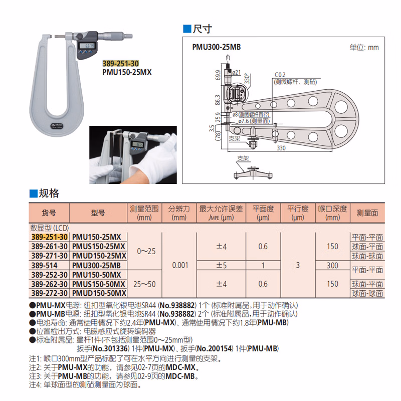 三丰（Mitutoyo）数显板厚千分尺 深弓架千分尺  389-251-30/0-25/150平面-平面