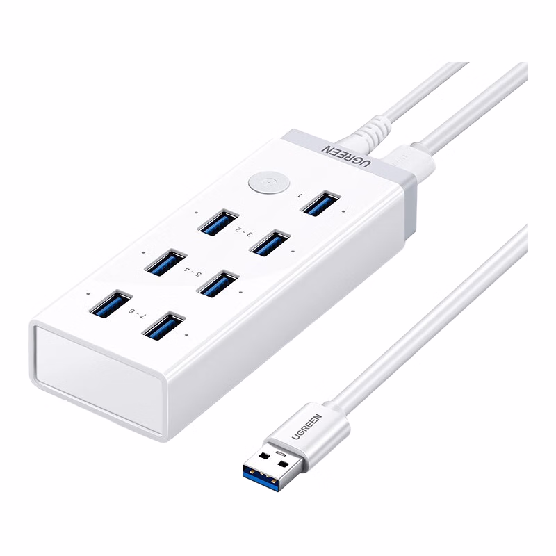 绿联(UGREEN) USB3.0分线器扩展坞7口/10口一拖七高速拓展坞HUB集线器延长线转接头转换器 适用台式机笔记本电 【7口总控】线长1米+电源线1.5米 30303