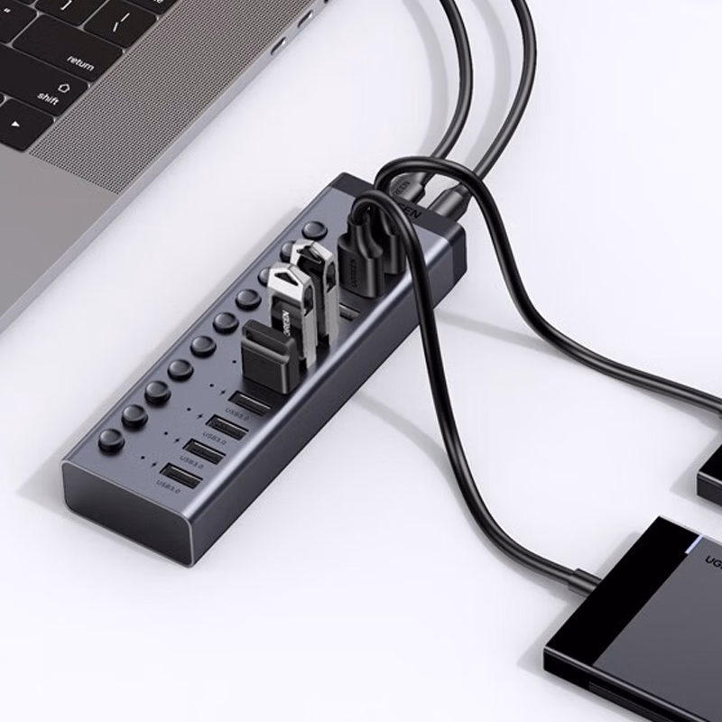 绿联USB3.0扩展器分线器 高速10口拓展坞HUB集线器扩展笔记本台式电脑接口一拖十转换接器延长线配电源  10口USB3.0【独控配电源】1米 30779