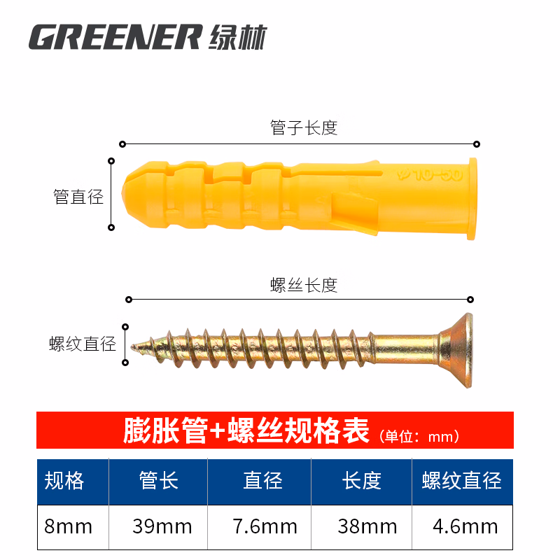 绿林60件套M8小黄鱼膨胀螺丝塑料膨胀管飞机胶塞涨固定自攻空心砖专用